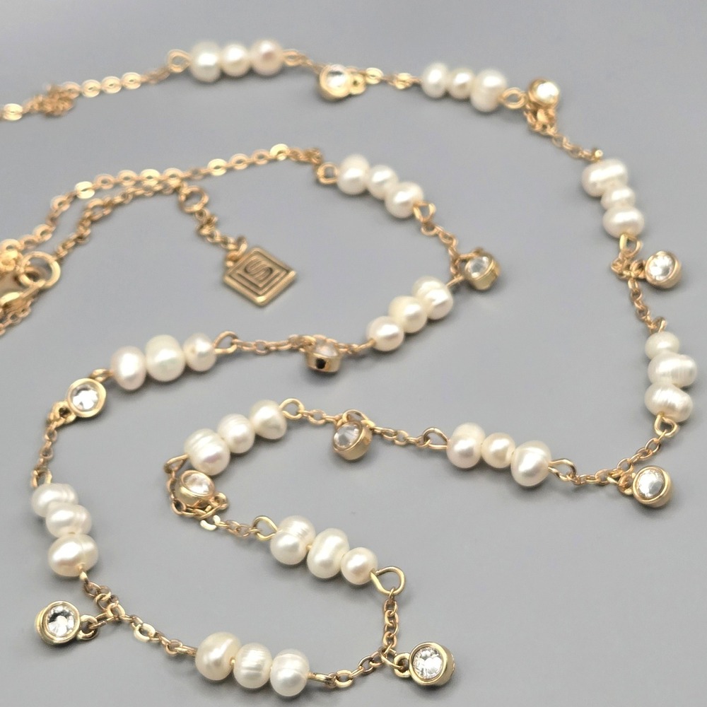 Laundry by Shelli Segal Pearl and Crystal Station Necklace Gold Tone 32"-34"